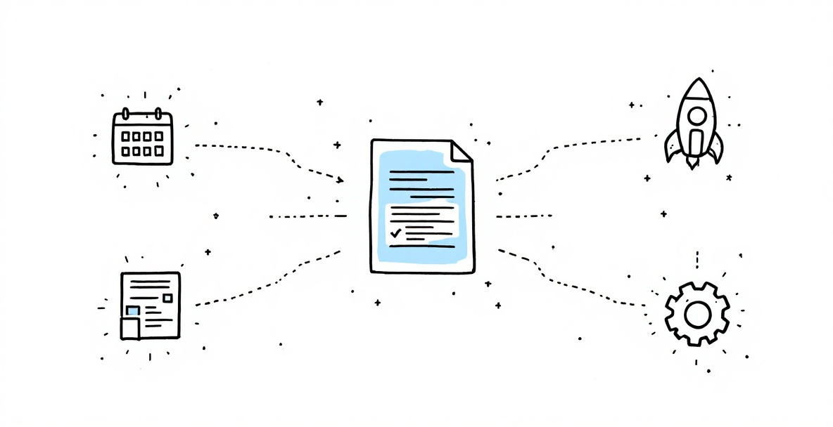 Minimalist diagram of content publishing automation showing a central document connected to scheduling, distribution, analytics, content, and workflow icons.