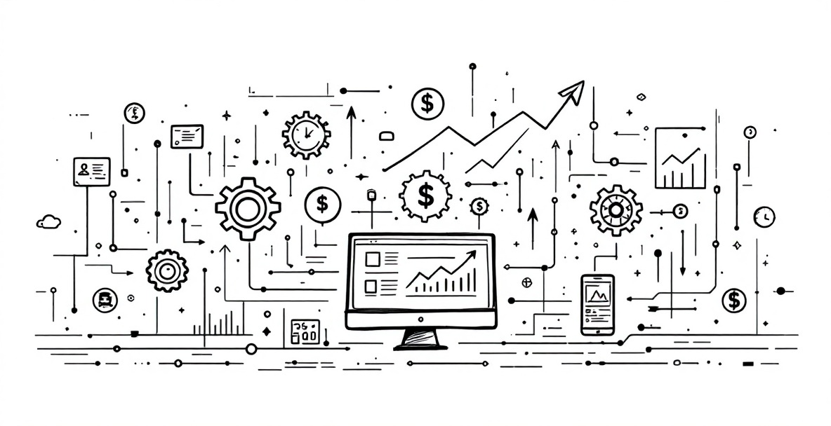 Minimalist sketch of content automation system with flowchart, digital nodes, and upward trending analytics showing increased ROI.