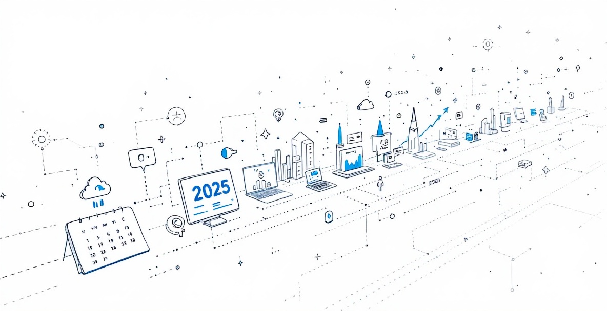 Minimalistic line drawing of a 2025 content strategy roadmap with digital elements, analytics, and interconnected nodes