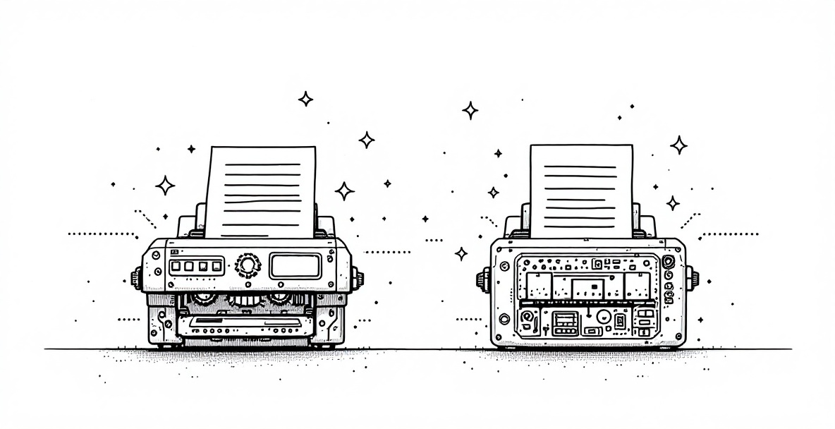 Minimalist illustration comparing simple and advanced document generators side-by-side with quality indicators between them