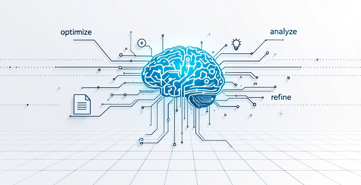 Minimalist illustration of a brain-shaped circuit board connecting to content symbols representing AI content optimization