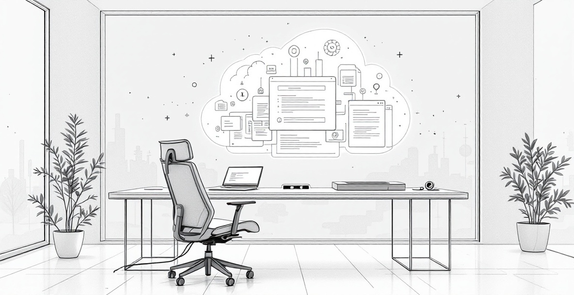 Minimalist sketch of futuristic workspace with empty chair facing hovering screens displaying AI-generated content
