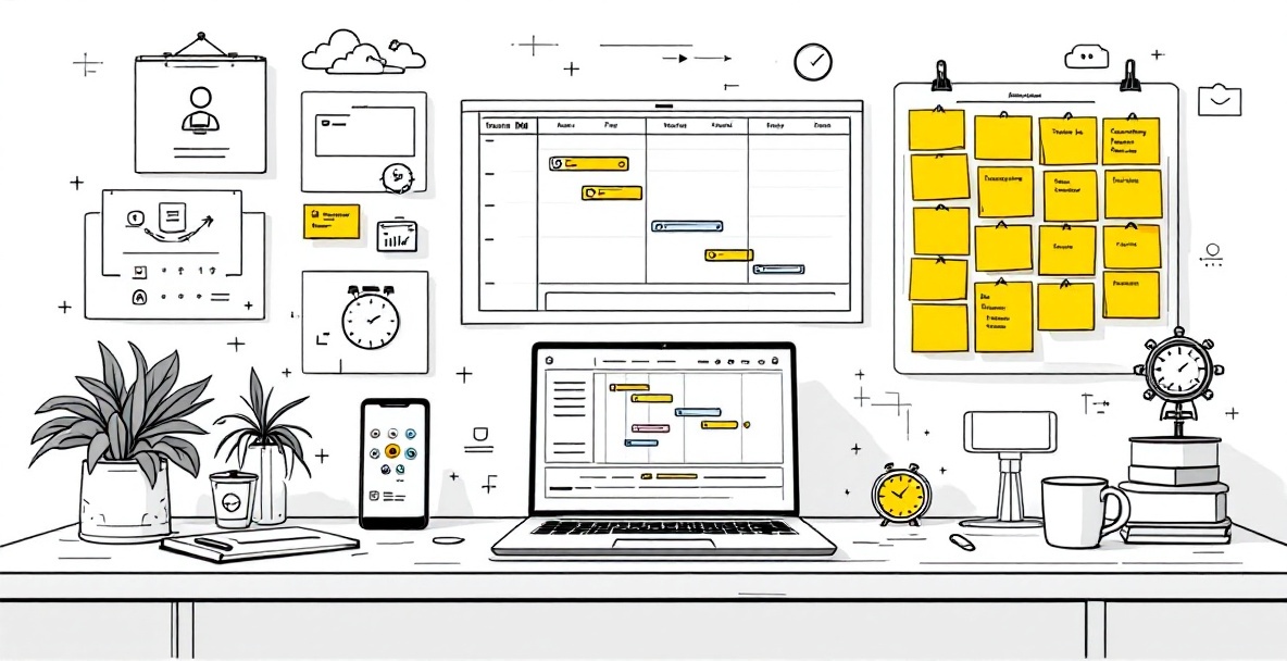 Minimalist sketch of an organized freelance workspace with project management tools and digital workflow elements
