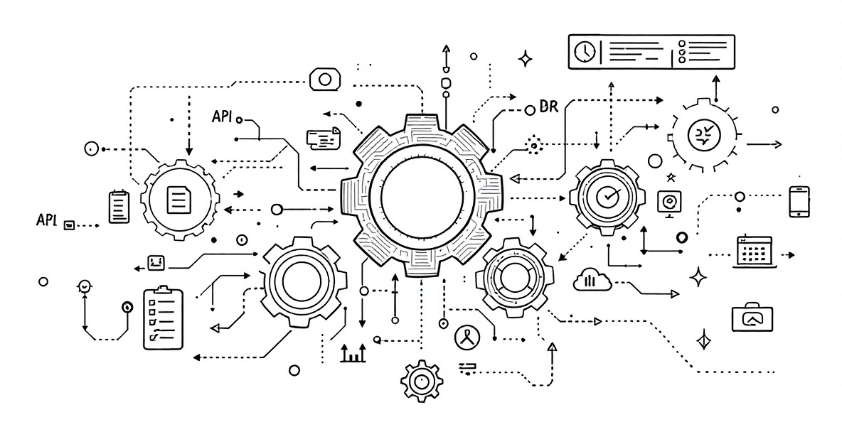 Minimalist sketch of interconnected gears and automation symbols representing workflow transformation from manual to automated tasks