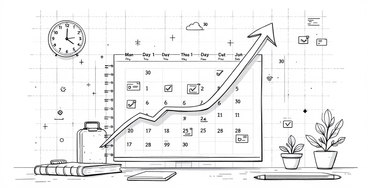 Minimalist calendar sketch showing 30-day productivity progress with an upward trending arrow and productivity tools