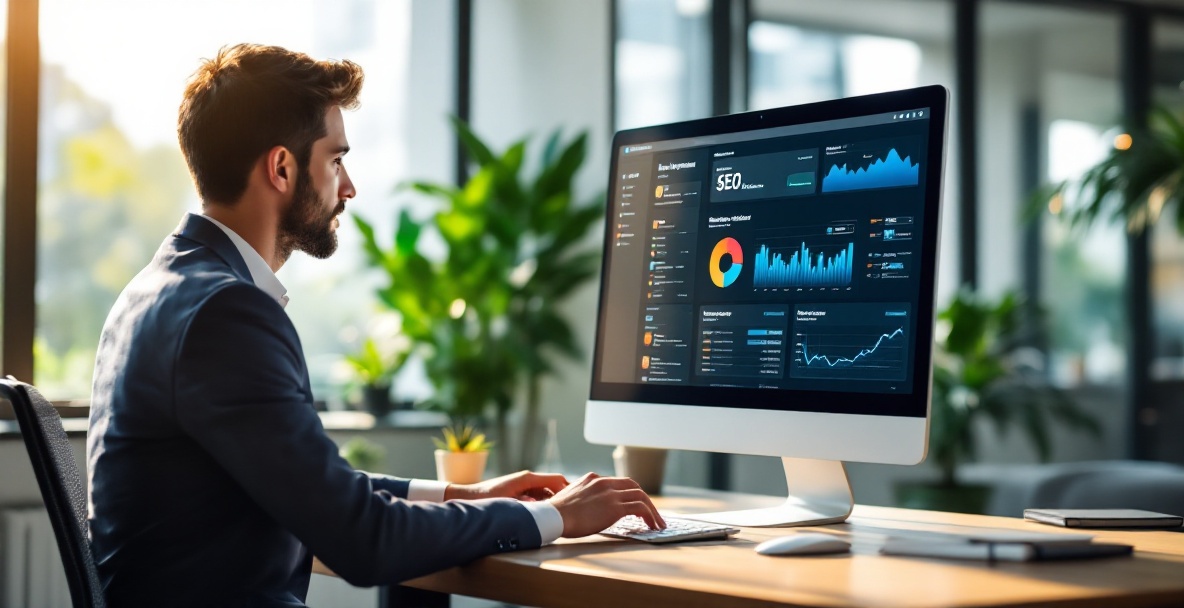 Professional using AI-based SEO dashboard in a modern office setting.