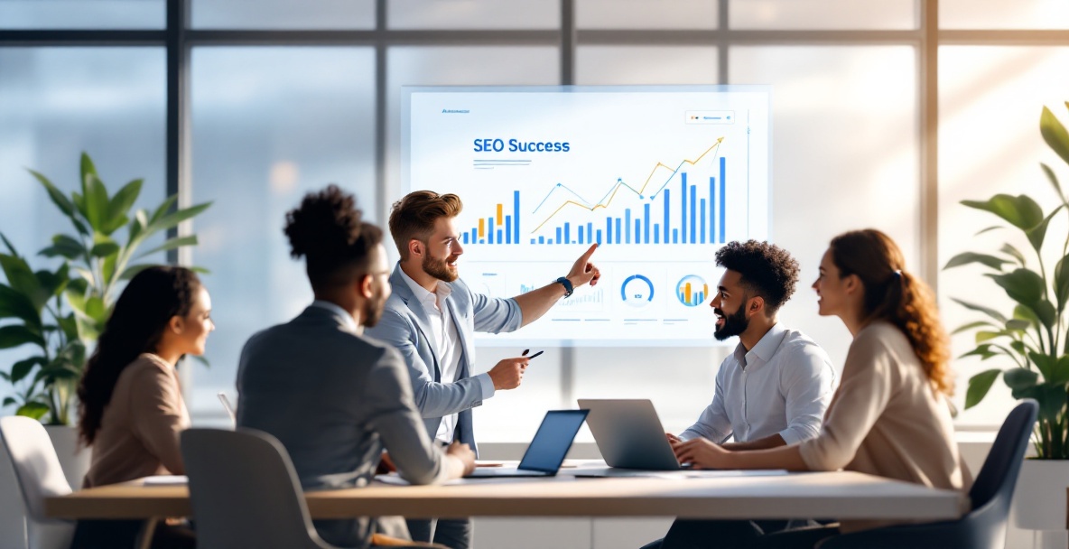 Diverse professionals collaborate in minimalist office, focusing on SEO Success graph.