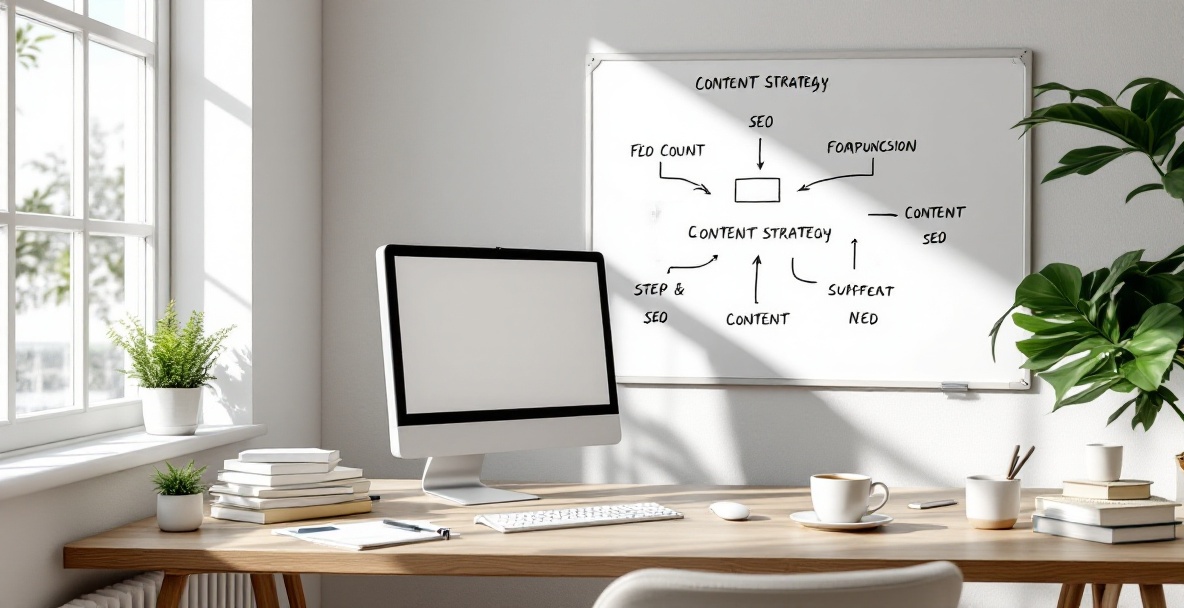 Workspace with digital content plan on screen and whiteboard flowchart for SEO strategy.
