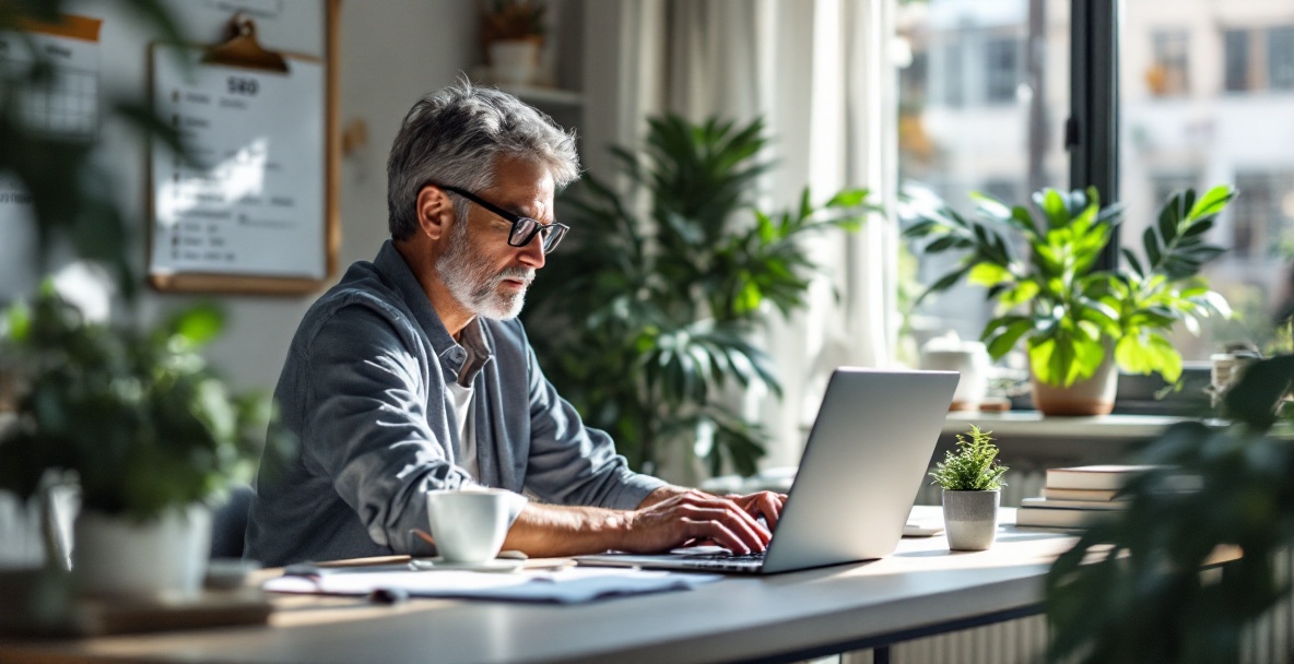 Blogger working at modern desk with laptop, highlighted SEO keywords, and strategic notes.