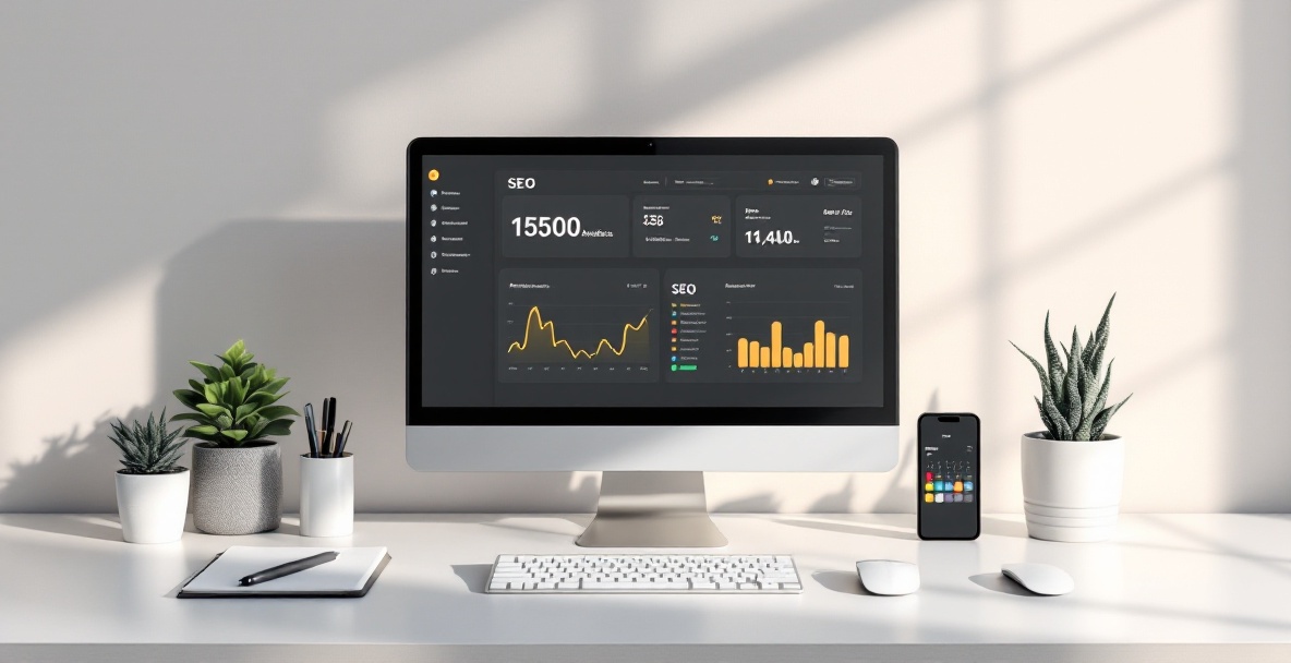 Minimalist desk setup with monitor showing SEO metrics, surrounded by stationery and productivity tools.