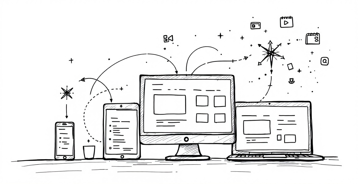 Minimalist sketch of content strategy flowing across smartphone, tablet, laptop and desktop with calendar and media icons