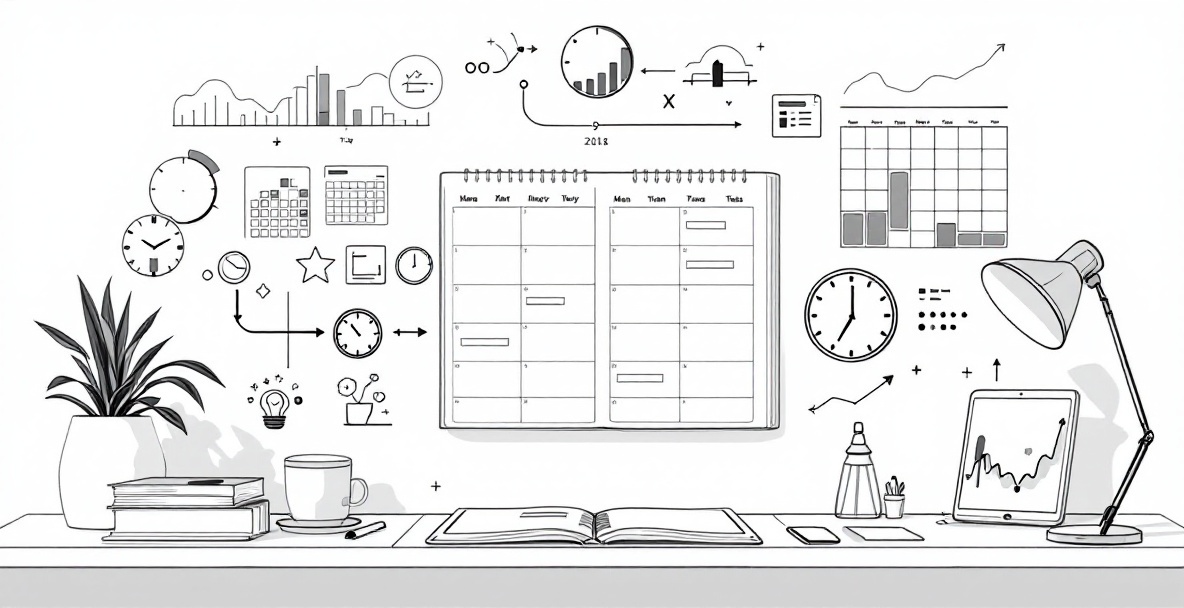 Minimalist sketch of a workspace with calendar, time blocks, and productivity tools showing various scheduling techniques
