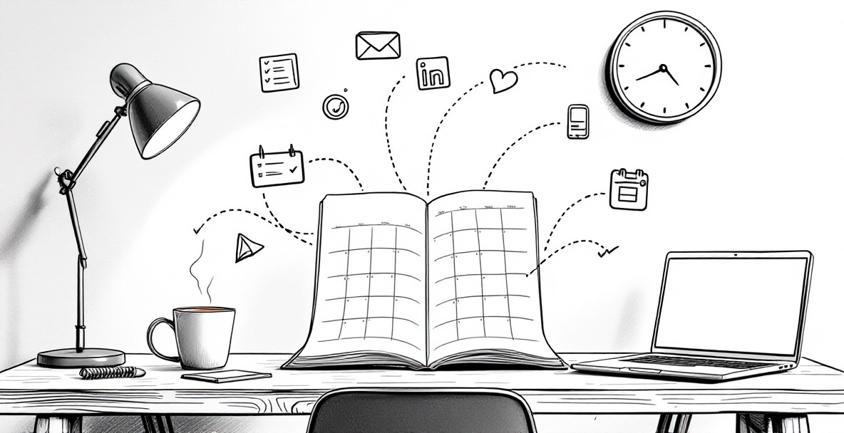 Minimalist sketch of a content schedule workspace with calendar notebook connected to digital devices and social media icons