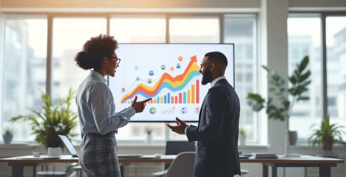 Two professionals discussing SEO strategy with a graph on a digital screen in a modern office.