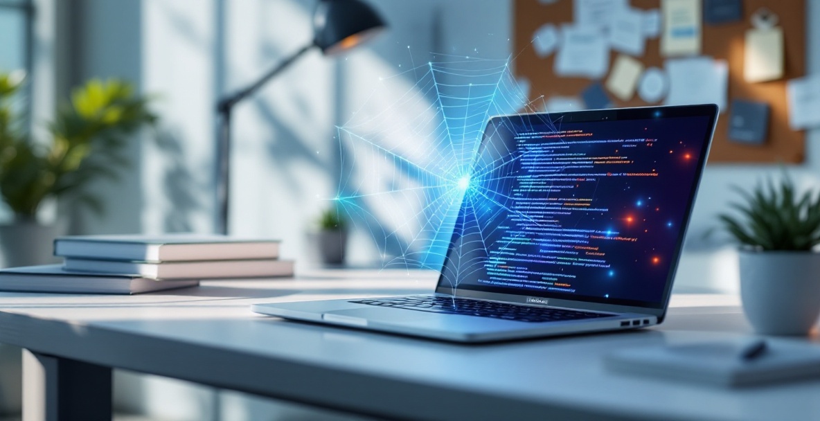 Modern workspace with open laptop displaying web coding and spider web graphic, symbolizing SEO crawlability.