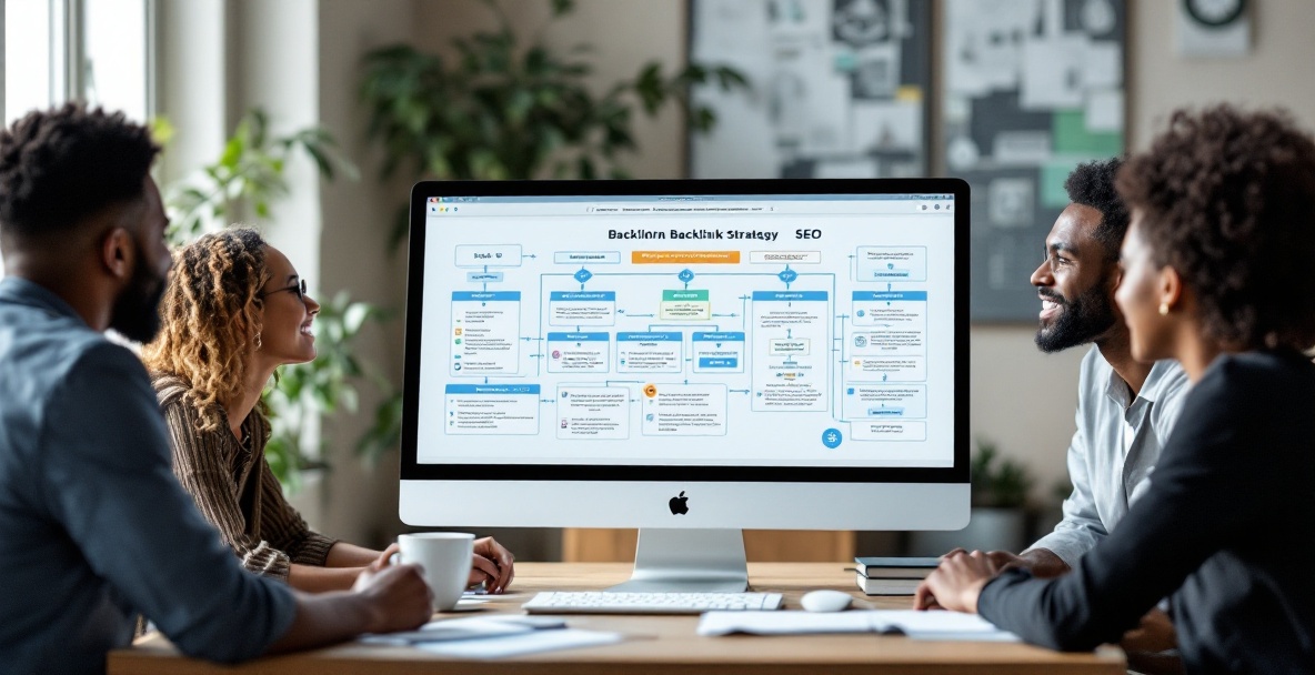 Office scene with a computer displaying a backlink strategy flowchart and diverse professionals collaborating.