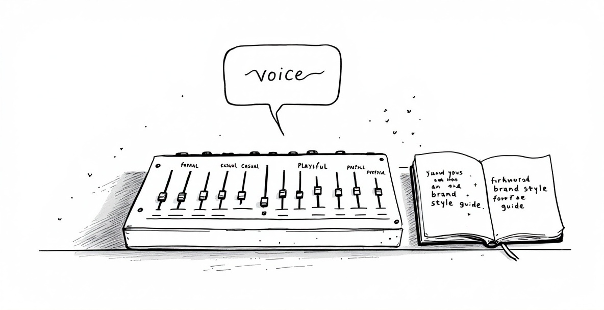 Minimalist sketch of a sound mixing console with sliders labeled as brand voice attributes next to a style guide notebook