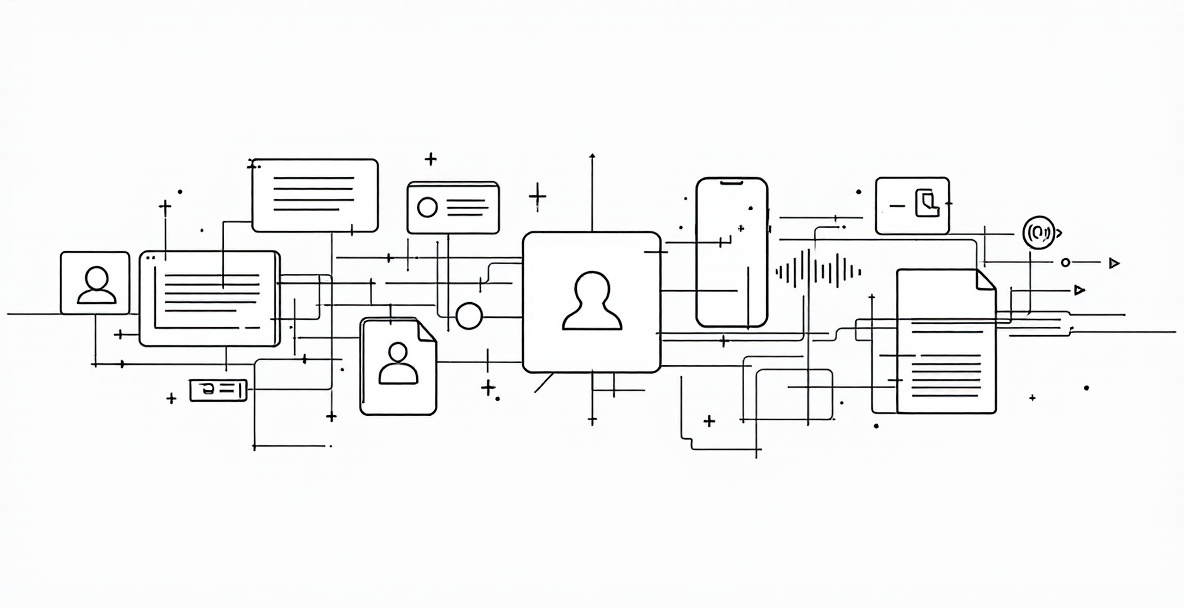 Minimalist sketch of a brand identity system with a central logo connected to various touchpoints via elegant lines