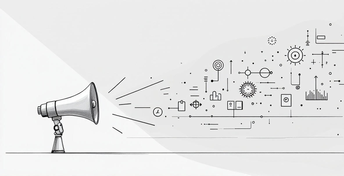 Minimalist illustration of brand identity evolution, featuring a megaphone with sound waves and a timeline of transforming symbols