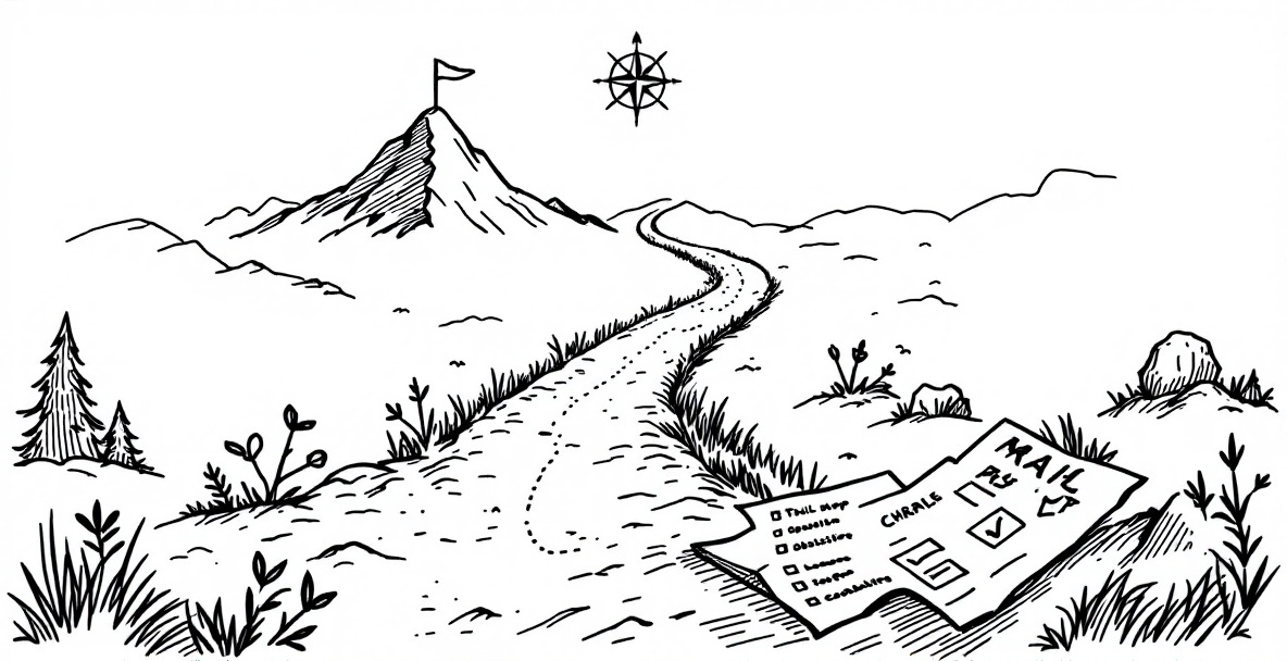 Minimalist sketch of a forked path with compass rose, mountain summit on left path, obstacles on right, and trail map