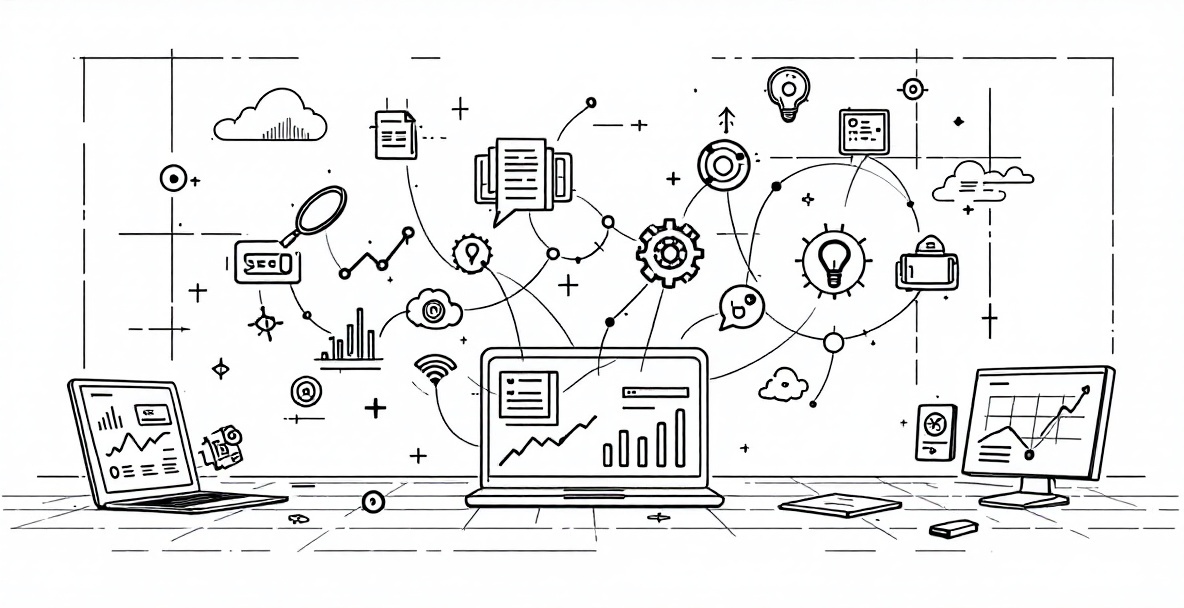 Minimalist sketch of SEO content automation tools connected to a central laptop with data streams and marketing icons