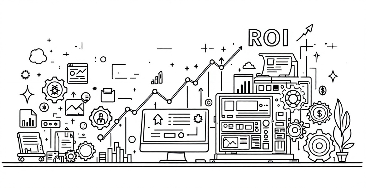 Minimalist illustration of a content automation machine transforming raw data into polished content with ROI symbols above