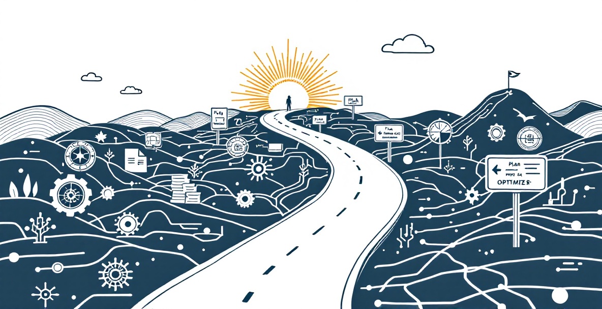Minimalist sketch of a digital content automation roadmap with icons, signposts, and milestone markers along a winding path