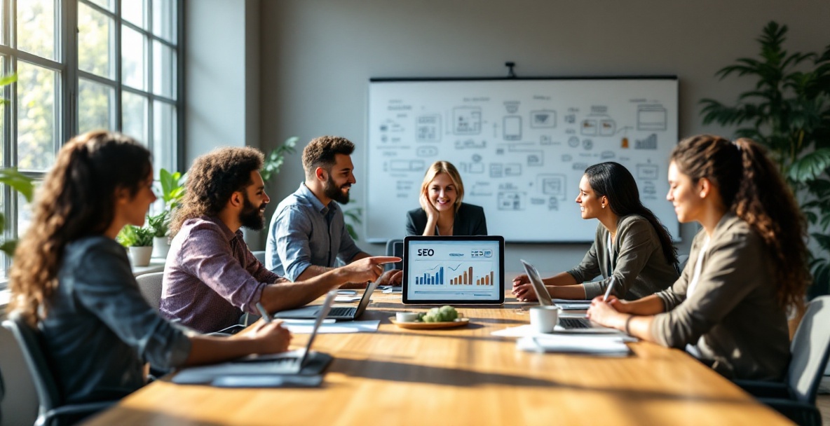 Diverse team in a bright workspace focusing on SEO analytics and content strategies.