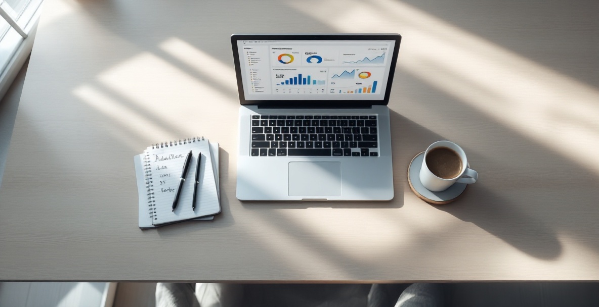 Minimalist workspace with a laptop showing analytics, a notepad, and coffee on a wooden desk.