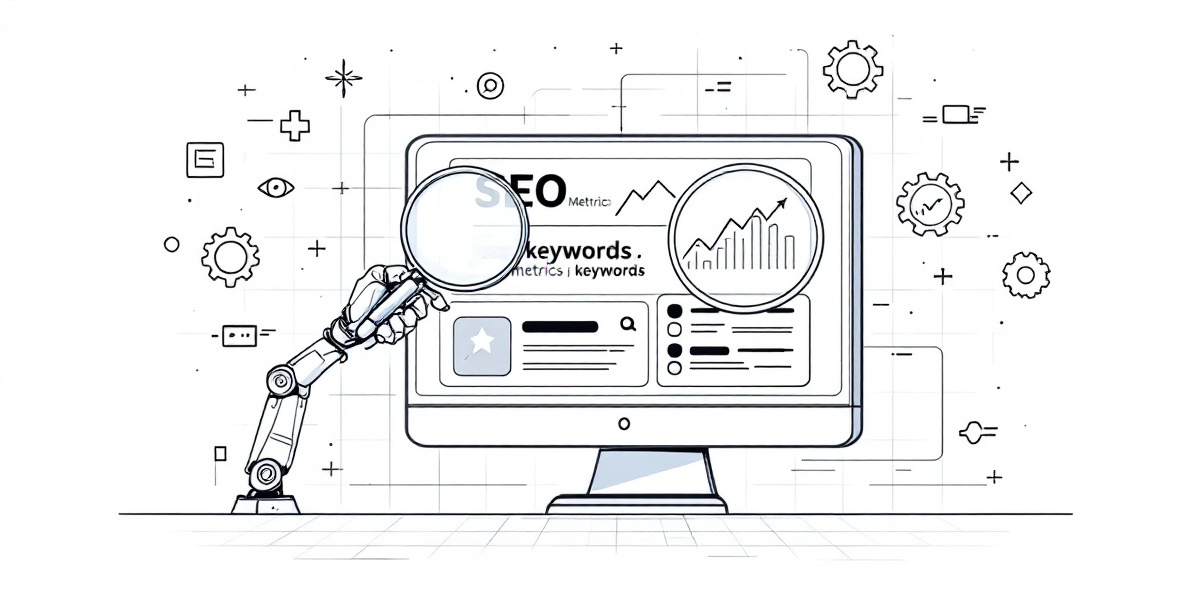 Minimalist sketch of a computer displaying SEO metrics with a robotic arm writing content and floating algorithm symbols
