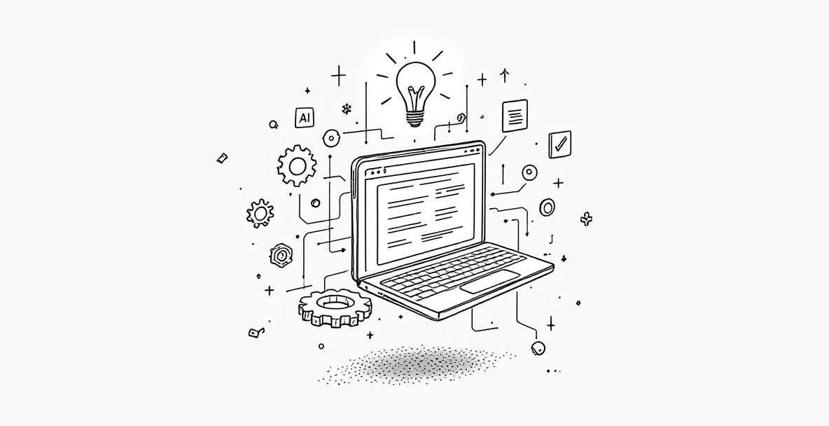 Minimalist digital text editor with AI elements, floating gears, and productivity icons in a clean line drawing