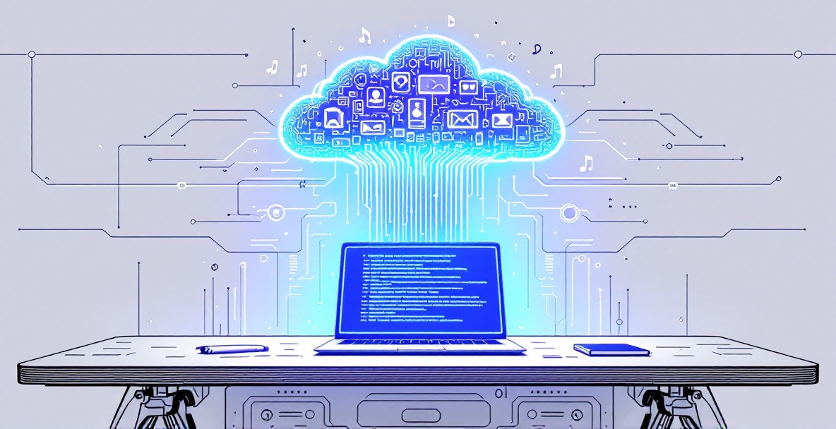 Minimalist sketch of a futuristic workspace with a laptop sending data to a cloud that transforms into various content formats
