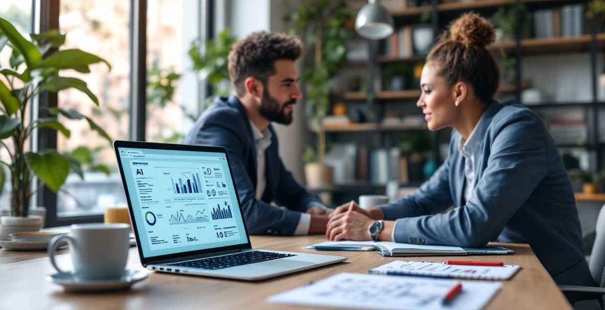Diverse professionals discuss AI in SEO at a modern office with a laptop and natural lighting.