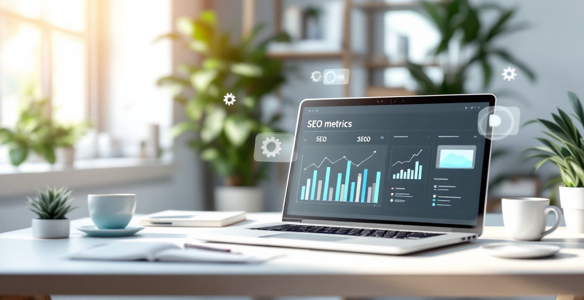 Laptop on desk with SEO dashboard and automation icons in modern office setting.