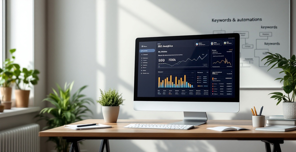 Modern office workspace with SEO analytics on screen, whiteboard, and minimalistic desk setup.