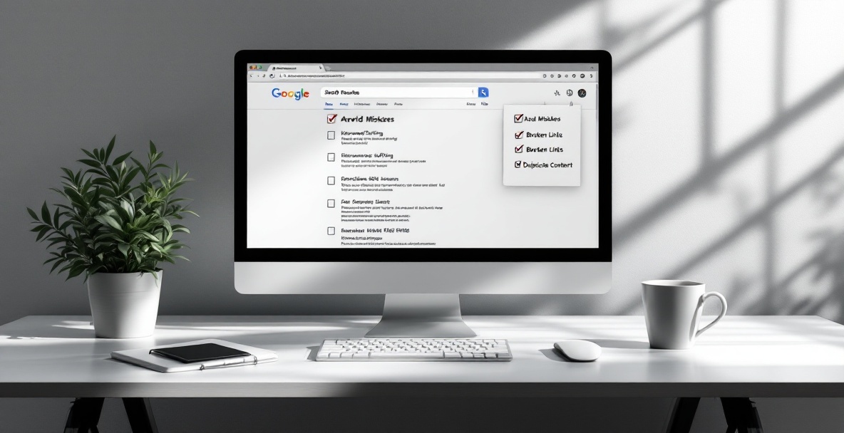 Minimalist workspace with computer showing SEO pitfalls, note pad with 'Avoid Mistakes,' plant, and coffee cup.