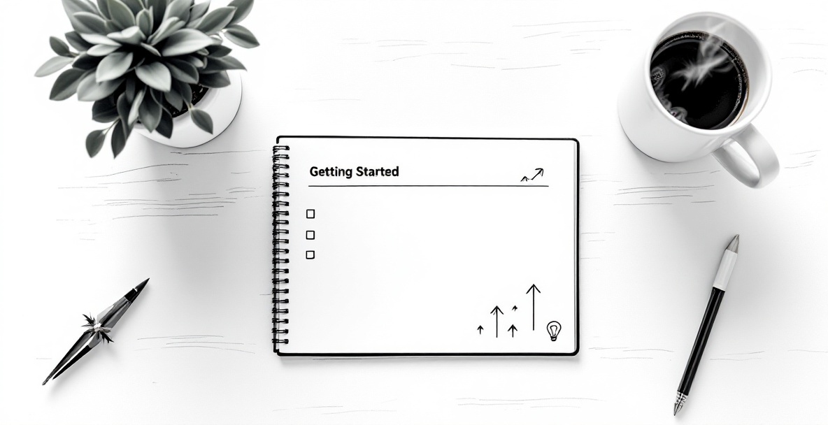 Minimalist sketch of an action plan notebook with 'Getting Started' heading, compass, plant, and coffee mug