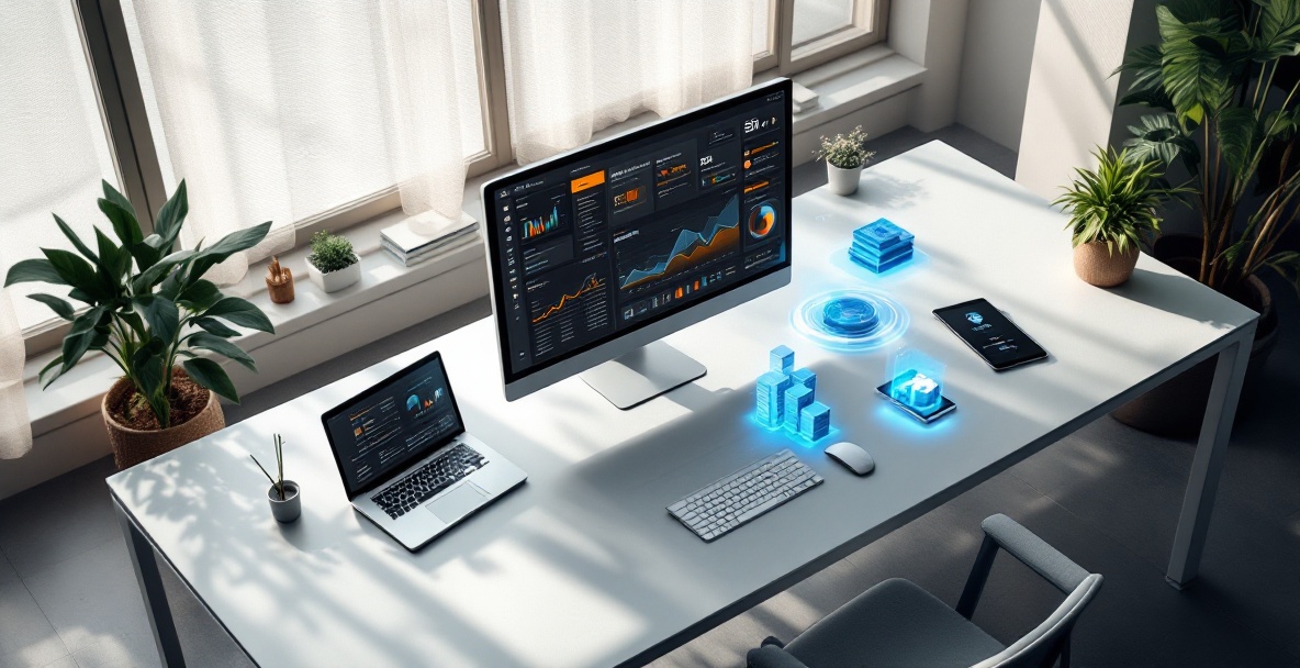Overhead view of a modern desk with digital tools for content optimization in 2025.