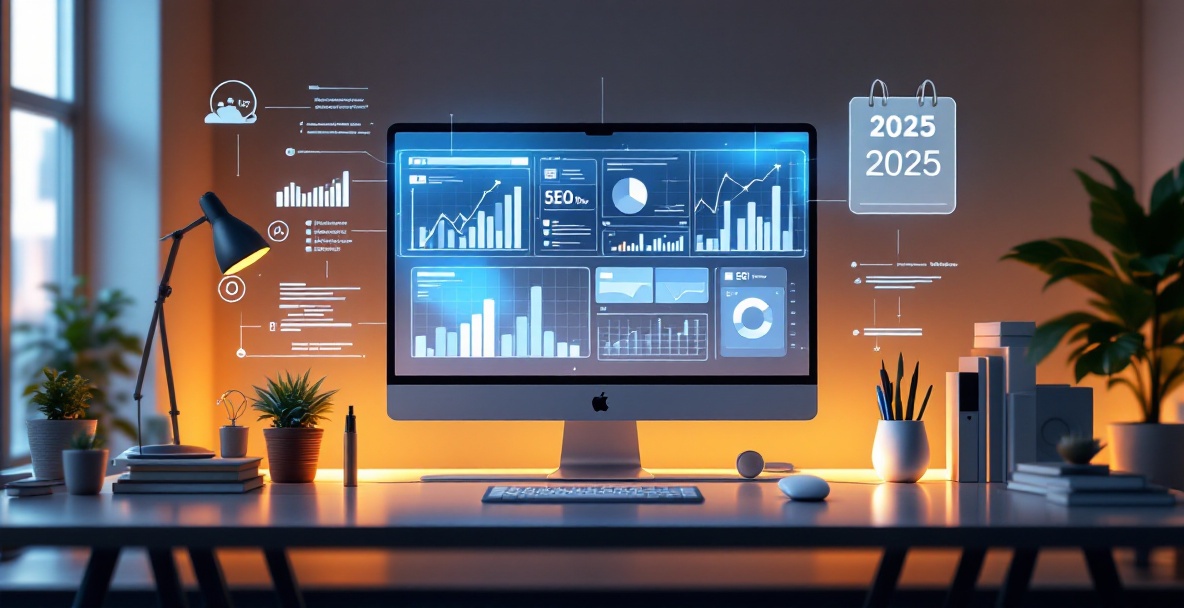 Futuristic workspace with holographic displays showing SEO metrics and 2025 digital calendar.