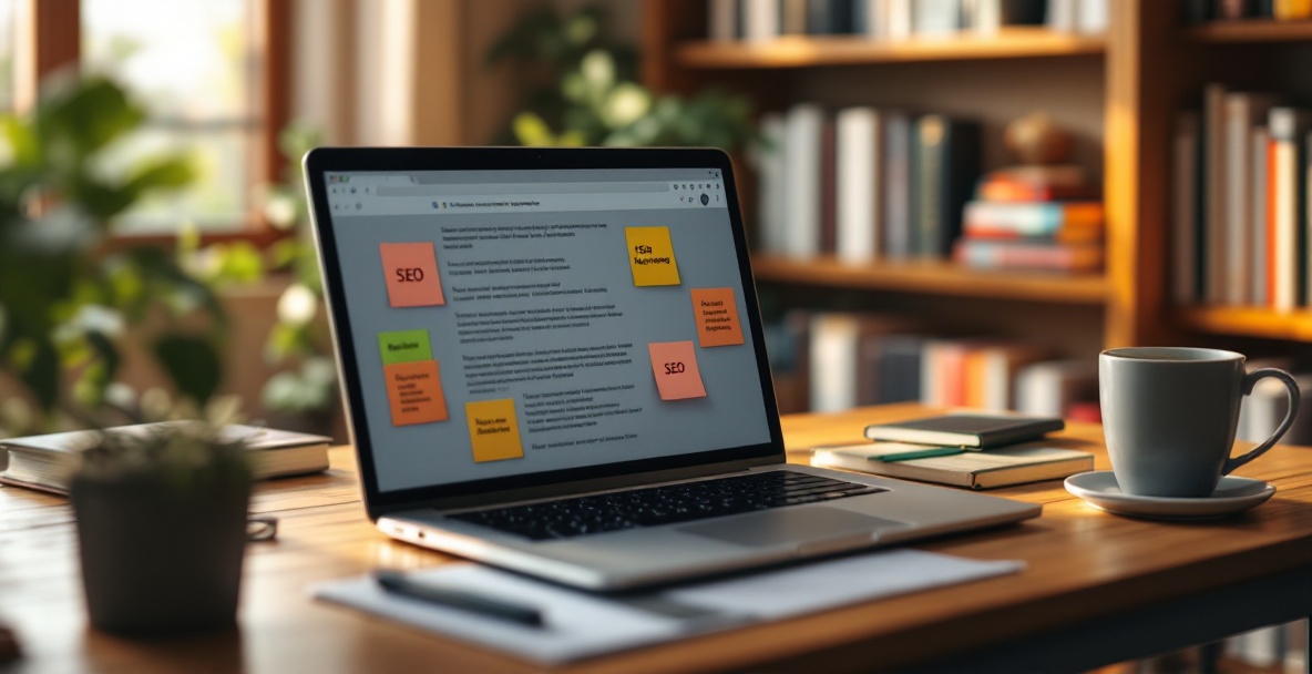 Modern desk setup with laptop and SEO-focused materials for a freelance writer.