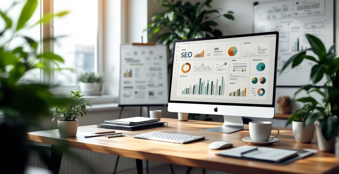 Minimalist office workspace with SEO dashboard on monitor, plants, and notepads.