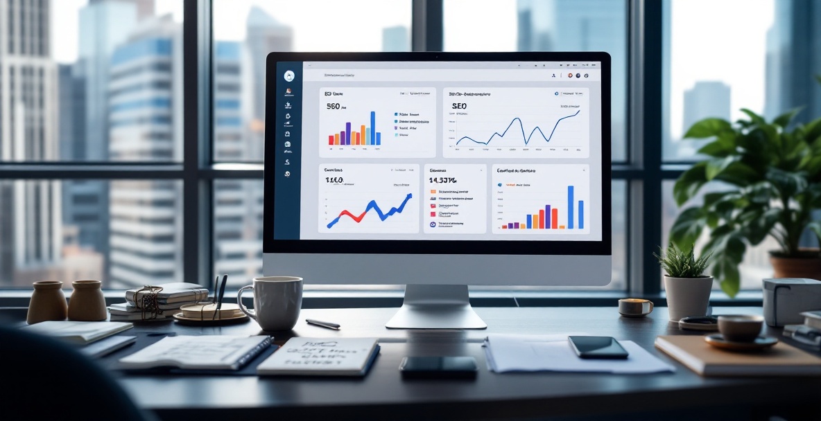 Workspace with computer displaying AI tools, city view, notepad, coffee, and smartphone.