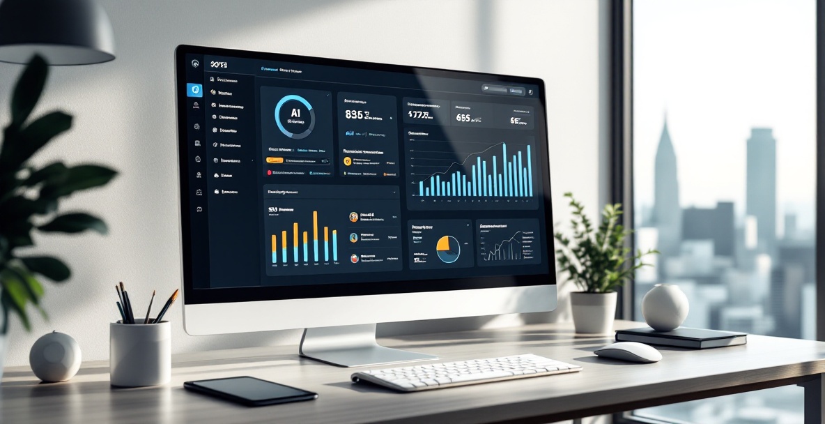 Modern office workspace in 2025 with AI content tools dashboard on a large monitor.