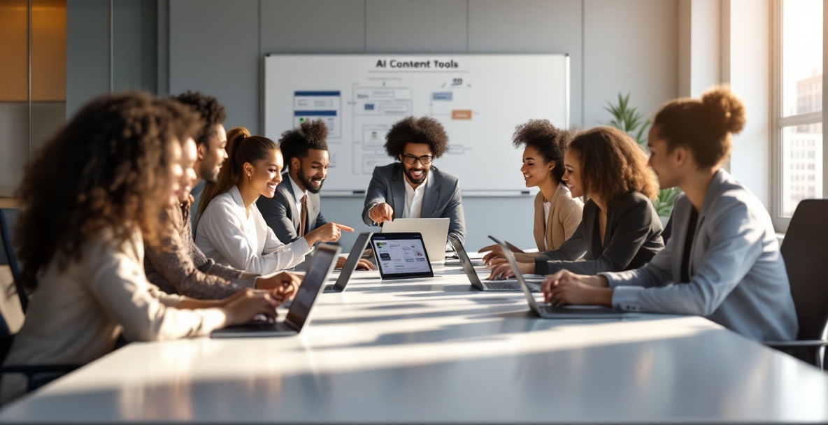 Diverse team choosing AI content tools in a modern office.
