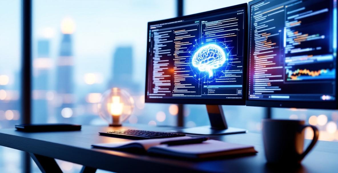 Modern workspace with AI generating articles; monitors with code, glowing AI brain, notebook, coffee, cityscape view.
