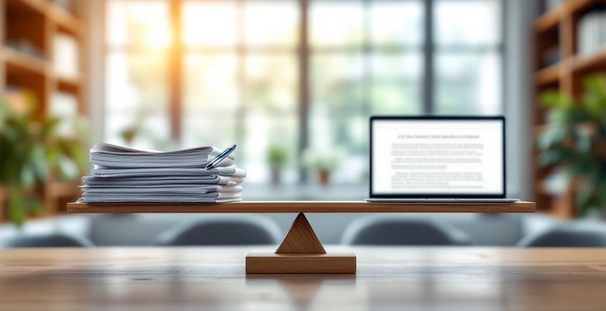 Balance scale with articles and a pen on one side, a laptop on the other, in a modern office setting.