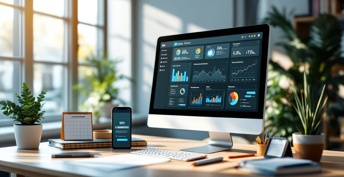 Office scene with a computer displaying SEO analytics and tools for workflow automation.