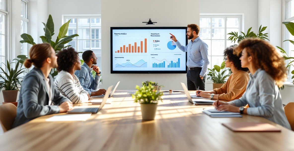 Diverse professionals in a modern office brainstorm SEO strategies with laptops and a digital screen.
