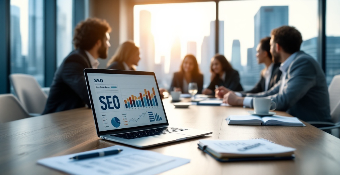 Modern conference room with a city view, highlighting global connectivity and SEO strategy discussions.