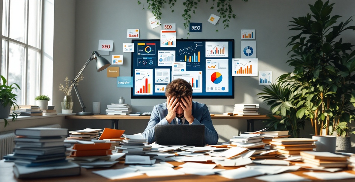 Overwhelmed businessperson at a cluttered desk with SEO tools on screen in a modern office.